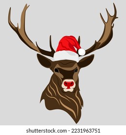 illustration vector graphic of reindeer head wearing a red hat, suitable for Christmas stickers, labels, memes etc.