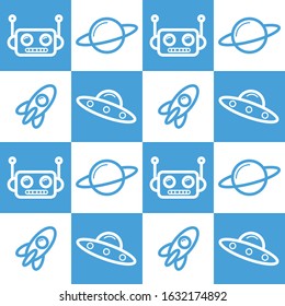 Illustration vector graphic of robot head, Saturn planet, rocket and UFO blue pattern. Good to place on packaging of boys product, toys store backdrop, etc.