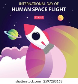illustration vector graphic of a rocket launches above the planet, perfect for international day, human space flight, celebrate, greeting card, etc.