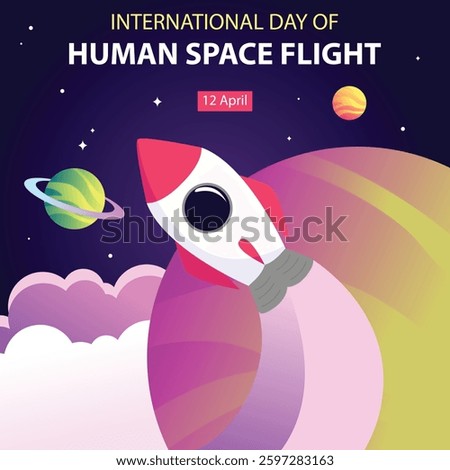 illustration vector graphic of a rocket launches above the planet, perfect for international day, human space flight, celebrate, greeting card, etc.