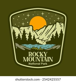 Illustration vector graphic of ROCKY MOUNTAIN AT THE NIGHT NATIONAL PARK BADGE LOGO DESIGN VECTOR ILLUSTRATION for apparel design merchandise, such as logos on product packaging