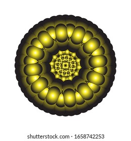 Vektorillustration-Grafik von Rundschmuck in 3D auf weißem Hintergrund. Abstrakte Färbung handgezeichnet mandala Vektorillustration Design. in goldenem Gelb.  geeignet für Logo, Symbol oder Symbol usw.