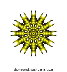 Vektorillustration-Grafik von Rundschmuck in 3D auf weißem Hintergrund. Geometrisches Mandala Design. in goldenem Gelb. geeignet für Logo, Symbol oder Symbol usw.