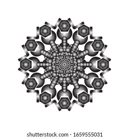 illustration vector graphic of Round ornament in 3D on white background. Geometric Mandala Design. with a shiny silver color. fit for logo, icon or symbol, etc