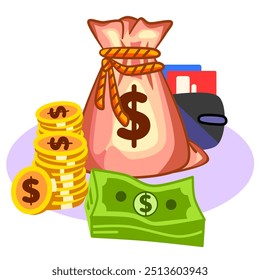 Ilustração gráfico vetorial de um saco de dinheiro, muitas pilhas de notas de dólar e moedas, e uma carteira de cartão. Perfeito para simbolismo de riqueza e ganho, prêmios, promoção de produtos ou serviços financeiros,