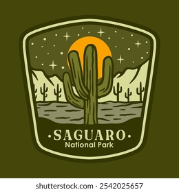 Illustration vector graphic of SAGUARO AT THE NIGHT NATIONAL PARK BADGE LOGO DESIGN VECTOR ILLUSTRATION for apparel design merchandise, such as logos on product packaging