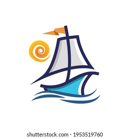 Illustration vector graphic of sailboat with a sun. Vector illustration