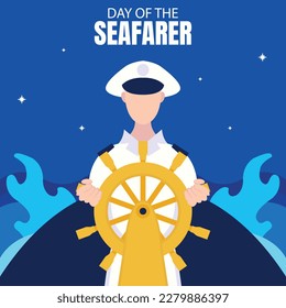illustration vector graphic of a sailor holds the controls of the ship, showing the ocean waves, perfect for international day, day of the seafarer, celebrate, greeting card, etc.