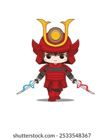 Illustration Vector Graphic Of Samurai Chibi with two Katana good for mascot and sticker