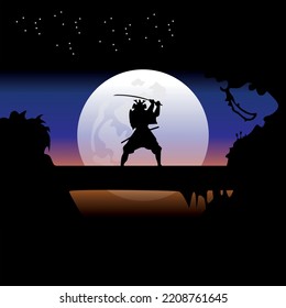 illustration vector graphic of Samurai training at night on a full moon. Perfect for wallpaper, poster, etc.