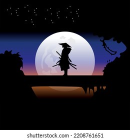 illustration vector graphic of Samurai training at night on a full moon. Perfect for wallpaper, poster, etc.