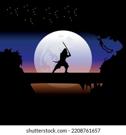 illustration vector graphic of Samurai training at night on a full moon. Perfect for wallpaper, poster, etc.