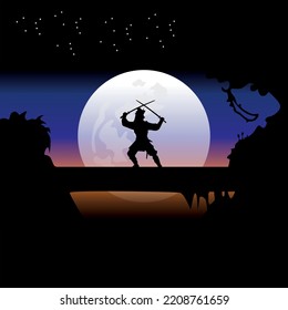illustration vector graphic of Samurai training at night on a full moon. Perfect for wallpaper, poster, etc.