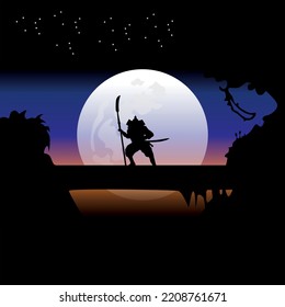 illustration vector graphic of Samurai training at night on a full moon. Perfect for wallpaper, poster, etc.