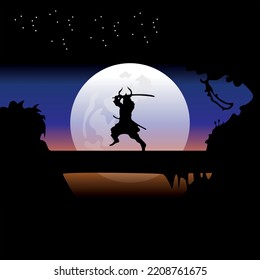 Vektorgrafik der Samurai-Ausbildung nachts auf Vollmond. Perfekt für Tapete, Poster, etc.