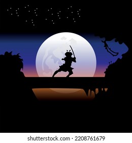 illustration vector graphic of Samurai training at night on a full moon. Perfect for wallpaper, poster, etc.