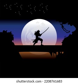 illustration vector graphic of Samurai training at night on a full moon. Perfect for wallpaper, poster, etc.