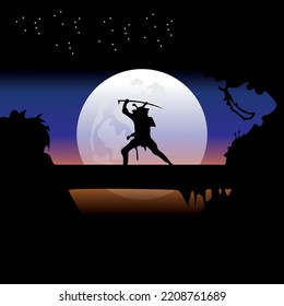 illustration vector graphic of Samurai training at night on a full moon. Perfect for wallpaper, poster, etc.
