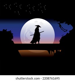 illustration vector graphic of Samurai training at night on a full moon. Perfect for wallpaper, poster, etc.