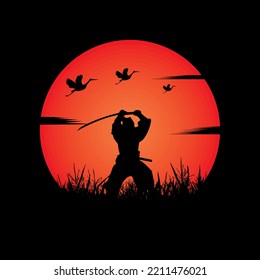 illustration vector graphic of Samurai training at night on a full moon. Perfect for wallpaper, poster, etc.