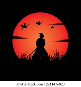 illustration vector graphic of Samurai training at night on a full moon. Perfect for wallpaper, poster, etc.