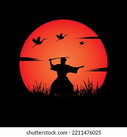illustration vector graphic of Samurai training at night on a full moon. Perfect for wallpaper, poster, etc.