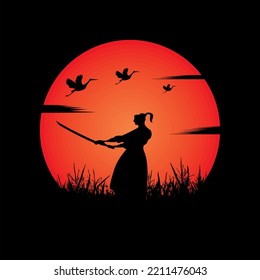 illustration vector graphic of Samurai training at night on a full moon. Perfect for wallpaper, poster, etc.