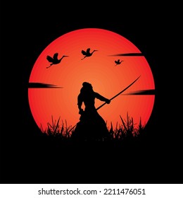 illustration vector graphic of Samurai training at night on a full moon. Perfect for wallpaper, poster, etc.