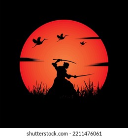 illustration vector graphic of Samurai training at night on a full moon. Perfect for wallpaper, poster, etc.