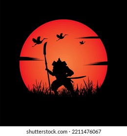 illustration vector graphic of Samurai training at night on a full moon. Perfect for wallpaper, poster, etc.