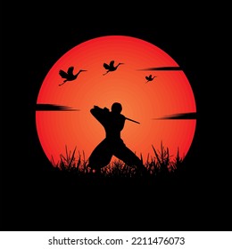 illustration vector graphic of Samurai training at night on a full moon. Perfect for wallpaper, poster, etc.