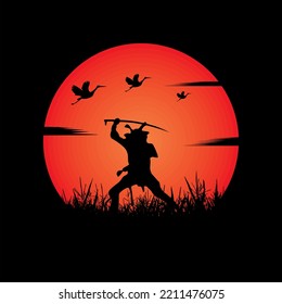 illustration vector graphic of Samurai training at night on a full moon. Perfect for wallpaper, poster, etc.