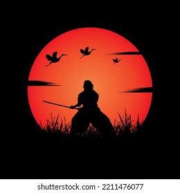 illustration vector graphic of Samurai training at night on a full moon. Perfect for wallpaper, poster, etc.