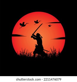 illustration vector graphic of Samurai training at night on a full moon. Perfect for wallpaper, poster, etc.