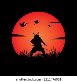 illustration vector graphic of Samurai training at night on a full moon. Perfect for wallpaper, poster, etc.