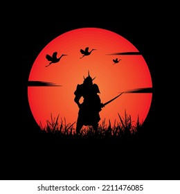 illustration vector graphic of Samurai training at night on a full moon. Perfect for wallpaper, poster, etc.