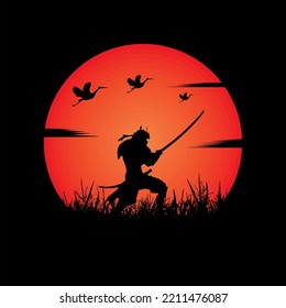 illustration vector graphic of Samurai training at night on a full moon. Perfect for wallpaper, poster, etc.