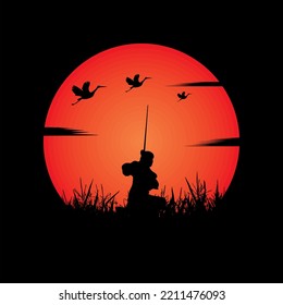 illustration vector graphic of Samurai training at night on a full moon. Perfect for wallpaper, poster, etc.