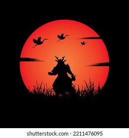 illustration vector graphic of Samurai training at night on a full moon. Perfect for wallpaper, poster, etc.