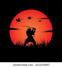 illustration vector graphic of Samurai training at night on a full moon. Perfect for wallpaper, poster, etc.