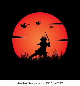 illustration vector graphic of Samurai training at night on a full moon. Perfect for wallpaper, poster, etc.