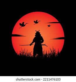 illustration vector graphic of Samurai training at night on a full moon. Perfect for wallpaper, poster, etc.