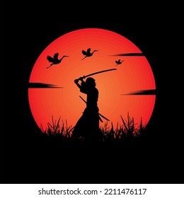 illustration vector graphic of Samurai training at night on a full moon. Perfect for wallpaper, poster, etc.