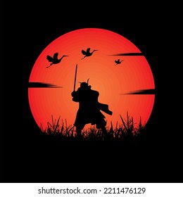 illustration vector graphic of Samurai training at night on a full moon. Perfect for wallpaper, poster, etc.