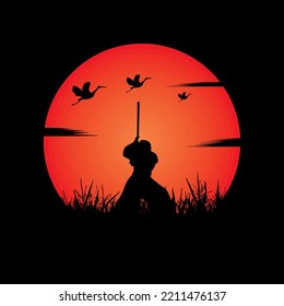 illustration vector graphic of Samurai training at night on a full moon. Perfect for wallpaper, poster, etc.