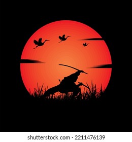 illustration vector graphic of Samurai training at night on a full moon. Perfect for wallpaper, poster, etc.