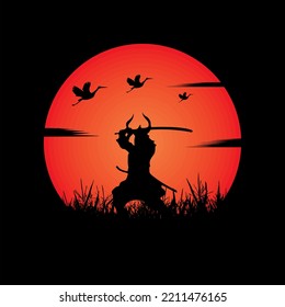 illustration vector graphic of Samurai training at night on a full moon. Perfect for wallpaper, poster, etc.