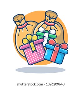 Gráfico vectorial de ilustración de Santa Bag y caja de regalo. Navidad y Feliz Año Nuevo 2021. Estilo de caricatura plano perfecto para pegatinas, papel pintado, icono, página de inicio, sitio web.