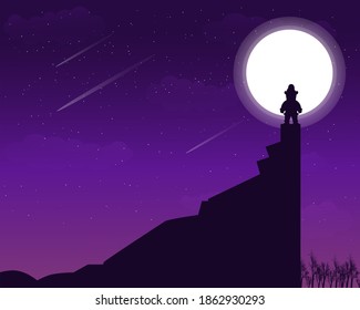 Illustration vector graphic of santa claus landscape silhouette on the hill with full stars and super moon. Purple background. Good for Christmas book covers and stickers for Christmas celebrations