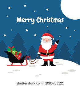 illustration vector graphic of Santa Claus is carrying a train filled with Christmas gifts at night, showing snowfall and full moon, perfect for christmas, religion, church, greeting card, etc.